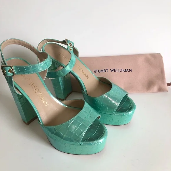 Green Capri Ice Iridescent Soft Crocodile Embossed Platform Heel Block Sandals - Picture 16 of 17